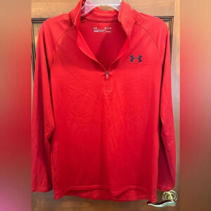Under Armour loose women’s loose heatgear red quarter zip.  Size med